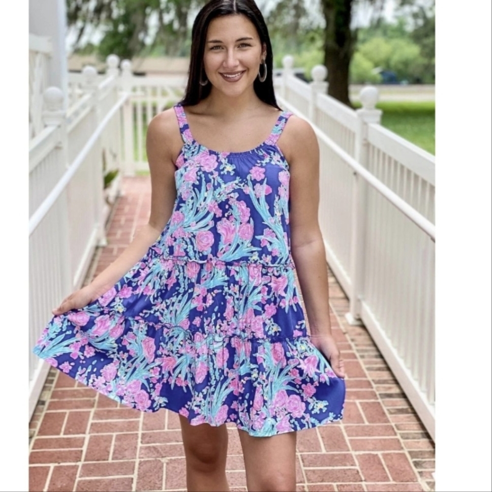 NWT Lilly Pilitzer Loro Floral Blue and Pink Swing Tiered Mini Sundress L